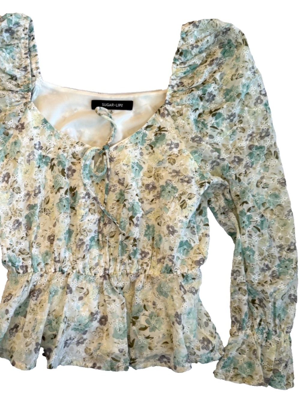 SUGARLIPS ANGELIQUE WHITE FLORAL LONG SLEEVE RUFFLE PEPLUM TOP WOMENS S 34"x21"